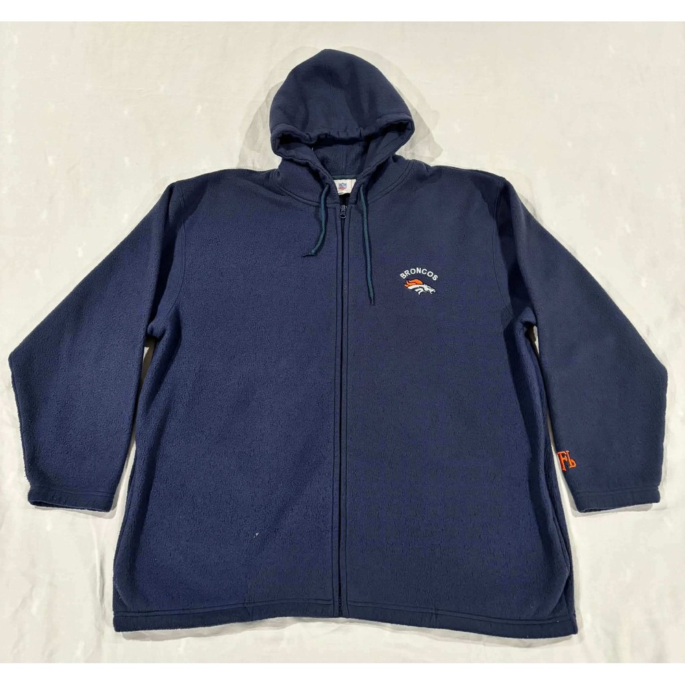 NFL Denver Broncos Full Zip Fleece Hoodie Navy Blue Mens‎ XL Embroidered Logo